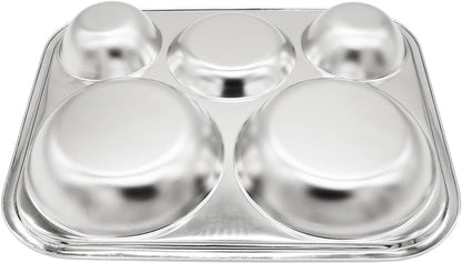Korean Stainless Steel Divided Plates for Adults, Teens, Premium 304, Electro-Polished, No Black Residue, BPA-Free, Large 5-Compartment Food Tray, Diet Portion Control, Camping, Set of 2