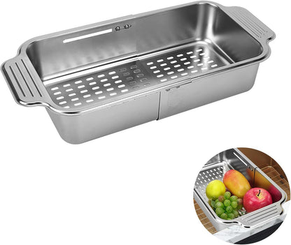 LUEXBOX Expandable Dish Drying Rack Over The Sink, Stainless Steel Drainer Basket with Adjustable Arms for Vegetable and Fruit (Silver)