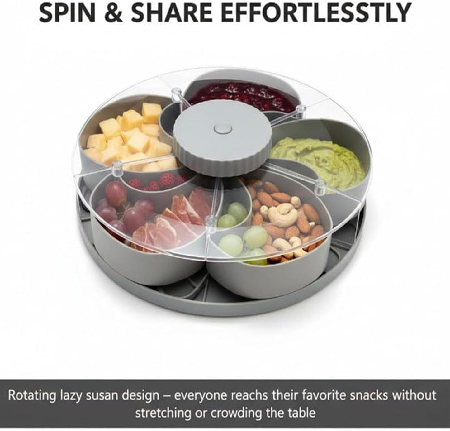 Snack Tray Lid - Rotating Divided Container, Non Slip with Party Base, Vegetable Fruit with Dipping Sauce, Serving Tray, Appetizer Picnic Snack Trays for Travel Dining Table Party Serving