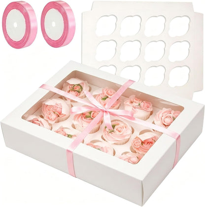 Bakepacker Auto-pop up 12 Cupcake Containers 6-Packs Brown Cupcakes Carrier, 12 Cupcake Boxes with Window 13"x10"x3.5"