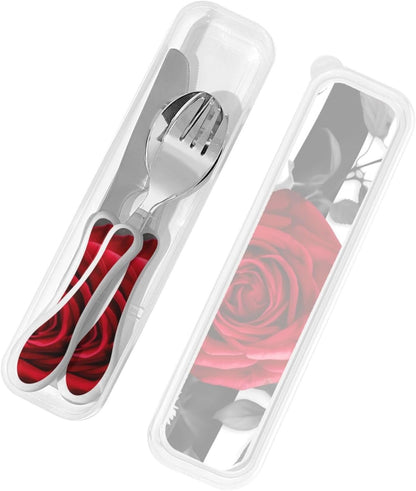 3-Piece Kids Silverware Set With Storage Case, Stainless Steel Reusable Children Safe Knife Spoon Fork Set Black White Stripes Red Rose Flowers Children Flatware Set For Kids Lunch Box