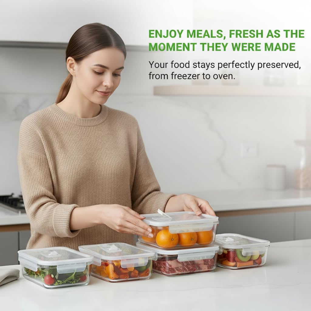 NutriChef 10 Piece Glass Food Storage Containers with Lids – 30 oz Meal Prep Containers Reusable – Airtight Glass Lunch Containers for Food Storage – Freezer to Oven Safe - Gray
