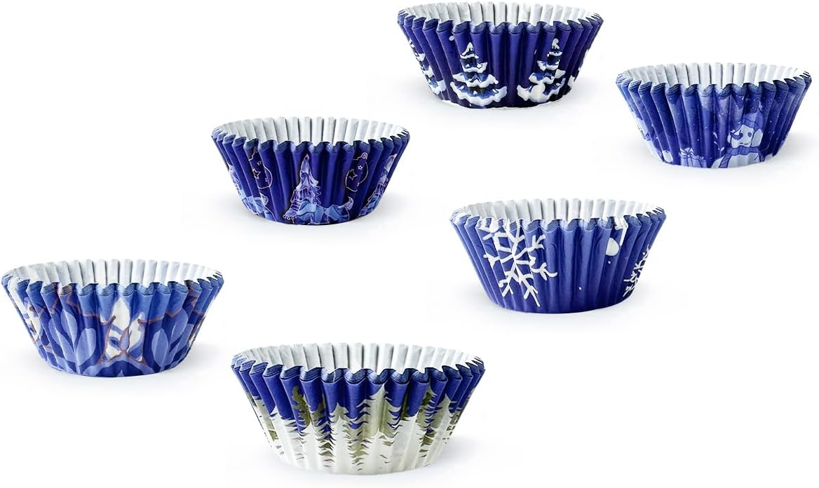 qiqee 300PCS Mini Gradient Cupcake Liners Cupcake Cups 6 Designs Blue Gradient Cupcake Papers Baking Cups Cupcake Wrappers (Small Size)