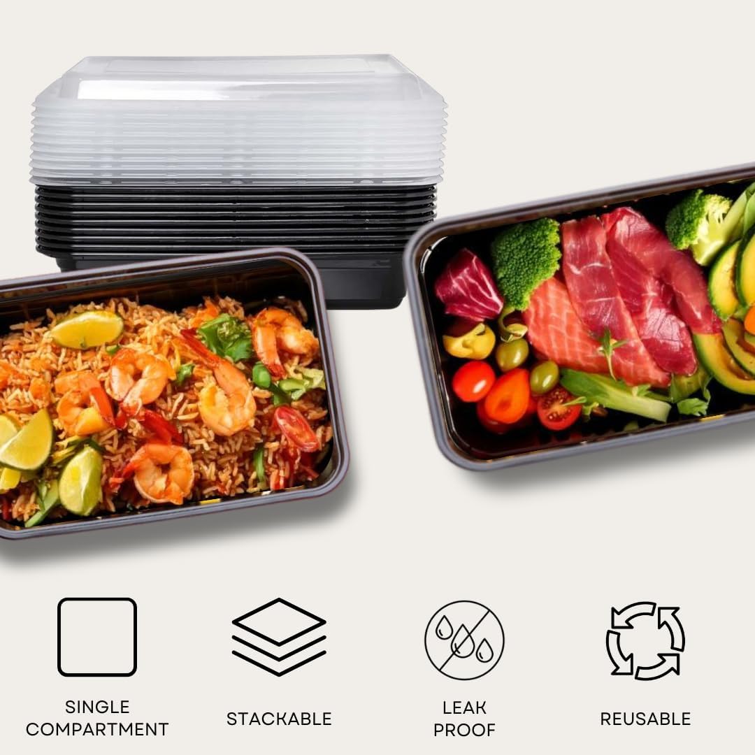 Reusable To-Go Food Meal Prep Storage Containers with Leak Proof Snap Lids 58oz | 1715ml | 50-Pack