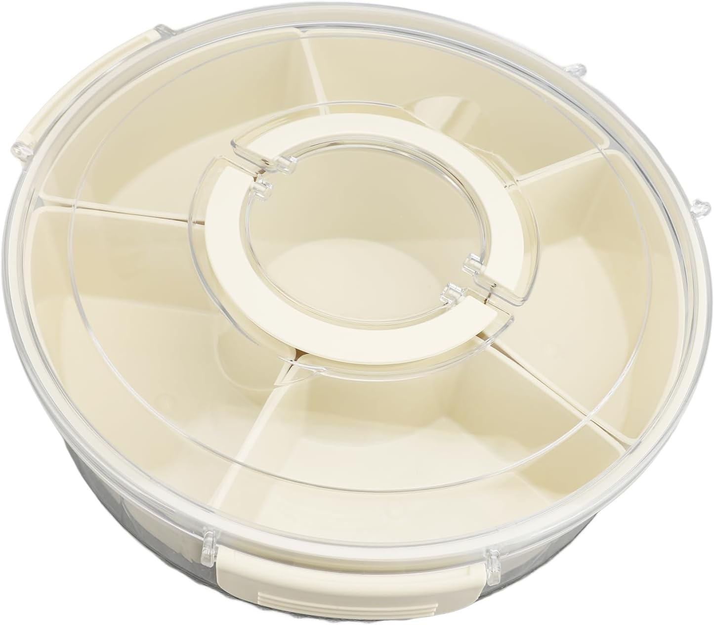 Divided Serving Tray, 360 Degree Rotating Snack Container with 6 Compartments and Transparent Cover Lid, for Party Picnic Beach Travel