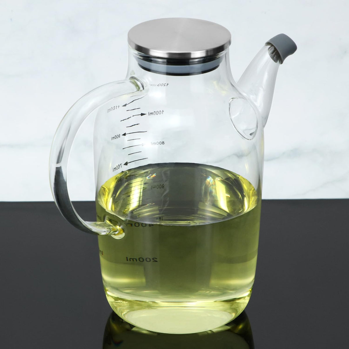 QWORK 1200ML/40Oz Large Glass Cooking Oil Bottle with Stainless Steel Lid, Oil & Vinegar Dispenser Bottle for Olive Oil, Vinegar, Soy Sauce, Kitchen No Drip Liquid Container