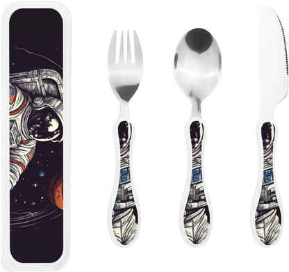 3-Piece Kids Silverware Set With Storage Case, Stainless Steel Reusable Children Safe Knife Spoon Fork Set Astronaut Cat Fish Children Flatware Set For Kids Lunch Box