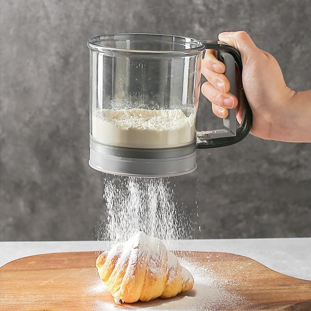 3 Cup Flour Sifter for Baking,Double Layer Flour Sieve with Hand Press