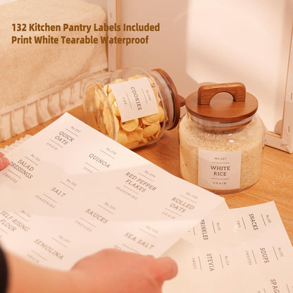 2 Pack Large Glass Flour and Sugar Containers with 132 Pantry Labels - 64 FL OZ Glass Canisters with Bamboo Airtight Lids - Farmhouse Glass Cookie Jars for Rice, Pasta, Cereal, Bath Salt