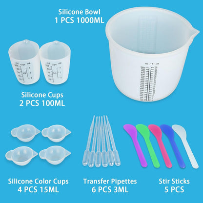 Creahaus Silicone Measuring Cups Tool Kit for Resin, Non-Stick 250 & 100ml Epoxy Mixing Cups, Reusable Resin Supplies with Silicone Mat, Stir Sticks, Pipettes, Cups for Molds, Jewelry Making