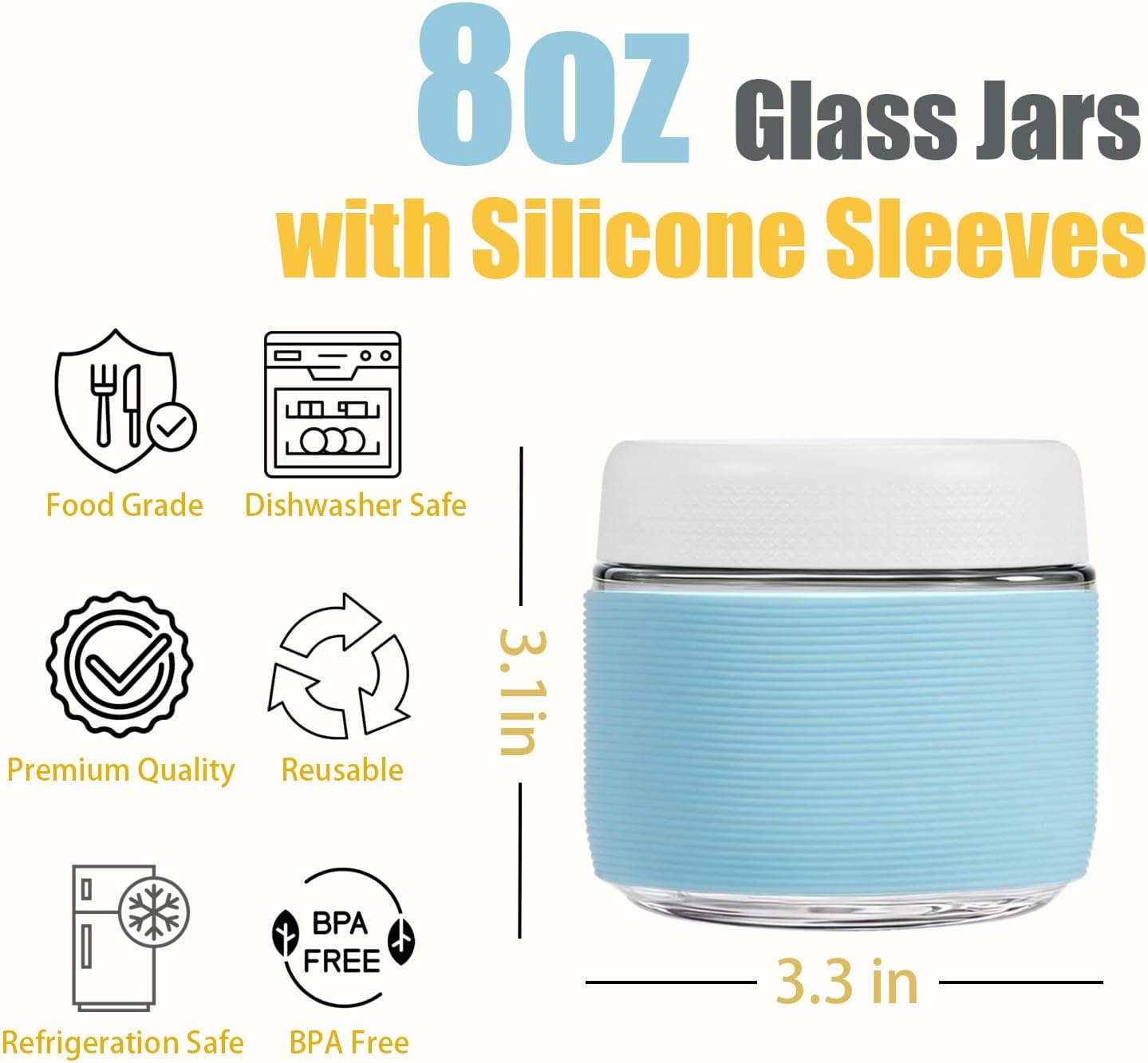 16 oz (6 Pack) Overnight Oats Containers with Airtight Lids and Silicone Sleeves, Leakproof Glass Meal Prep Containers, Wide Mouth Cookie Jars for Yogurt Chia Salad Smoothies Snacks
