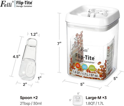 Felli Flip Tite Acrylic Food Storage Container with Lid 6” XL Air Tight Ring Seal Flip Top, Plastic Kitchen Baking Canister for 5 lb Flour Sugar Rice Protein Powder Pantry Organizer (Nest-M, White)