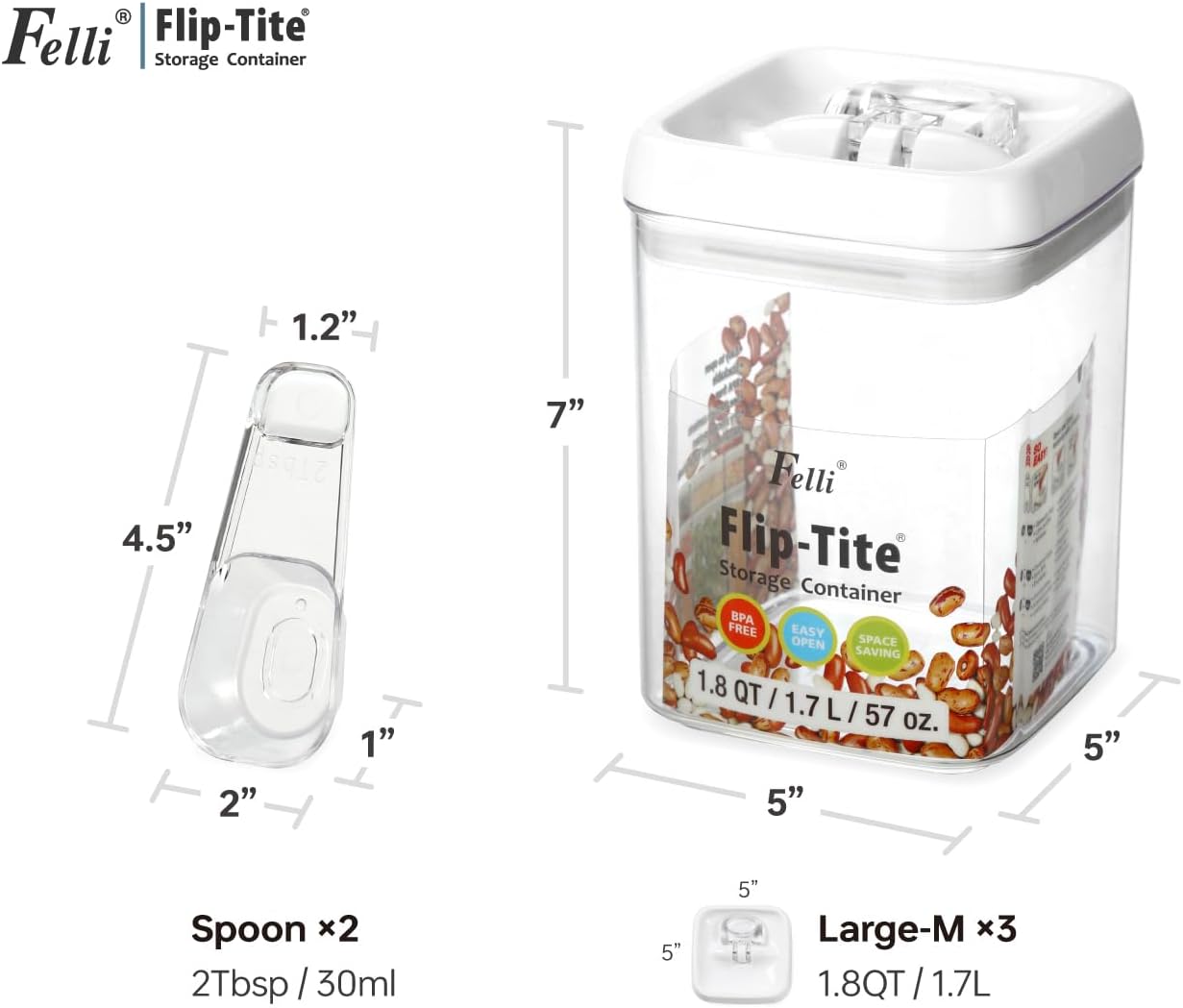 Felli Flip Tite Storage Container with Lid 4” RECTANGULAR Airtight Ring Flip Top, Stackable Kitchen Counter Pantry Organizer Acrylic Canister Jar for Pasta Spaghetti Cereal Granola Coffee (1.9qt)