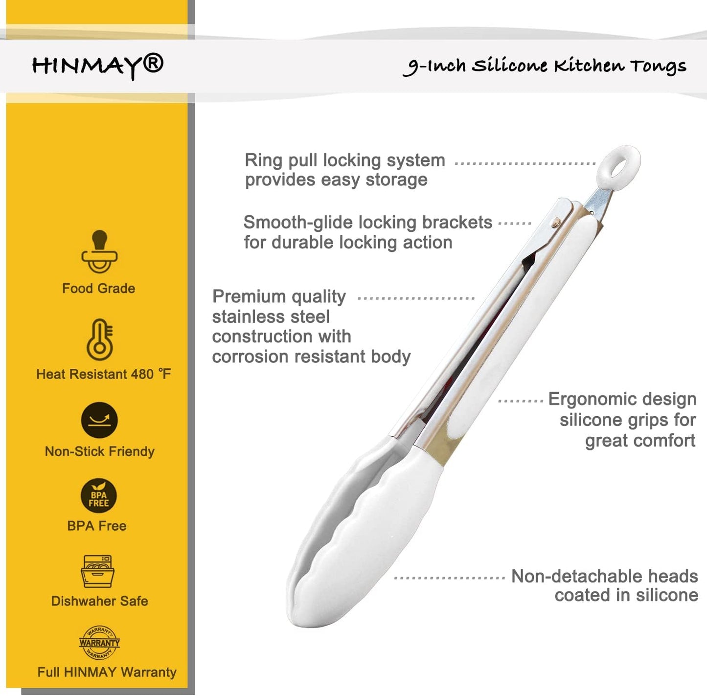 HINMAY Stainless Steel Kitchen Tongs 9-Inch Cooking Tongs, Set of 3
