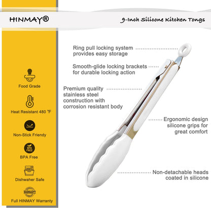 HINMAY Stainless Steel Kitchen Tongs 9-Inch Cooking Tongs, Set of 3