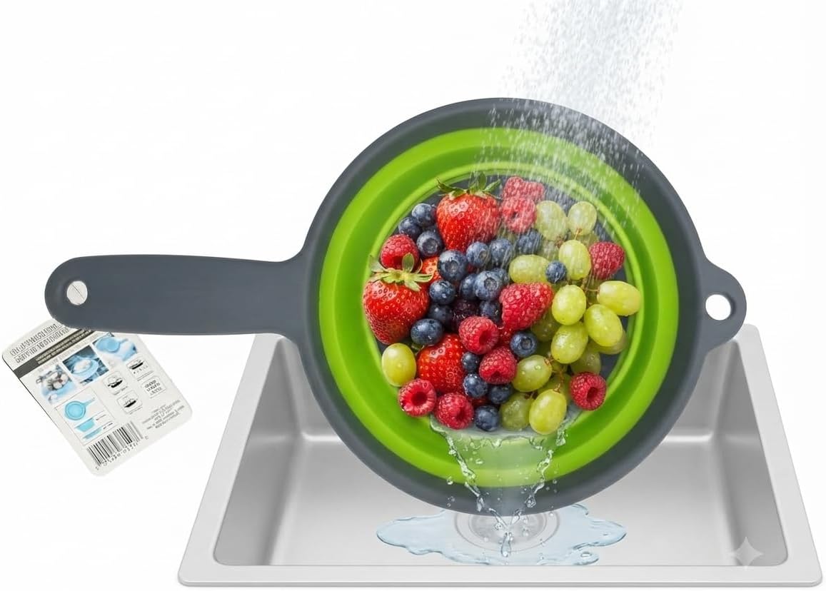 Collapsible Colander with Handle Space Saving Silicone Folding Strainer Blue