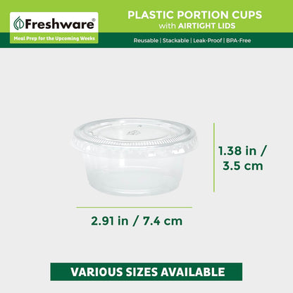 Freshware Plastic Portion Cups with Lids [2 Ounce, 200 Sets] Disposable Plastic Cups for Meal Prep, Salad Dressing, Jellos Shot Cups, Souffle Cups, Condiment and Dipping Sauce Cups