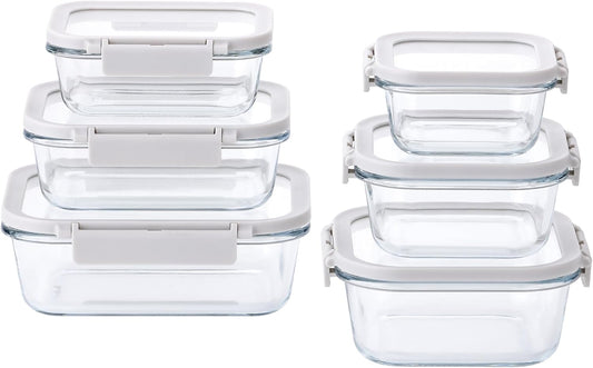 Neoflam 6-Piece Comodo Glass Food Storage Containers with Lids – Airtight Stackable Meal Prep Set – BPA-Free, Microwave Oven Air Fryer Freezer Safe – Reusable Glass Containers for Home & Office