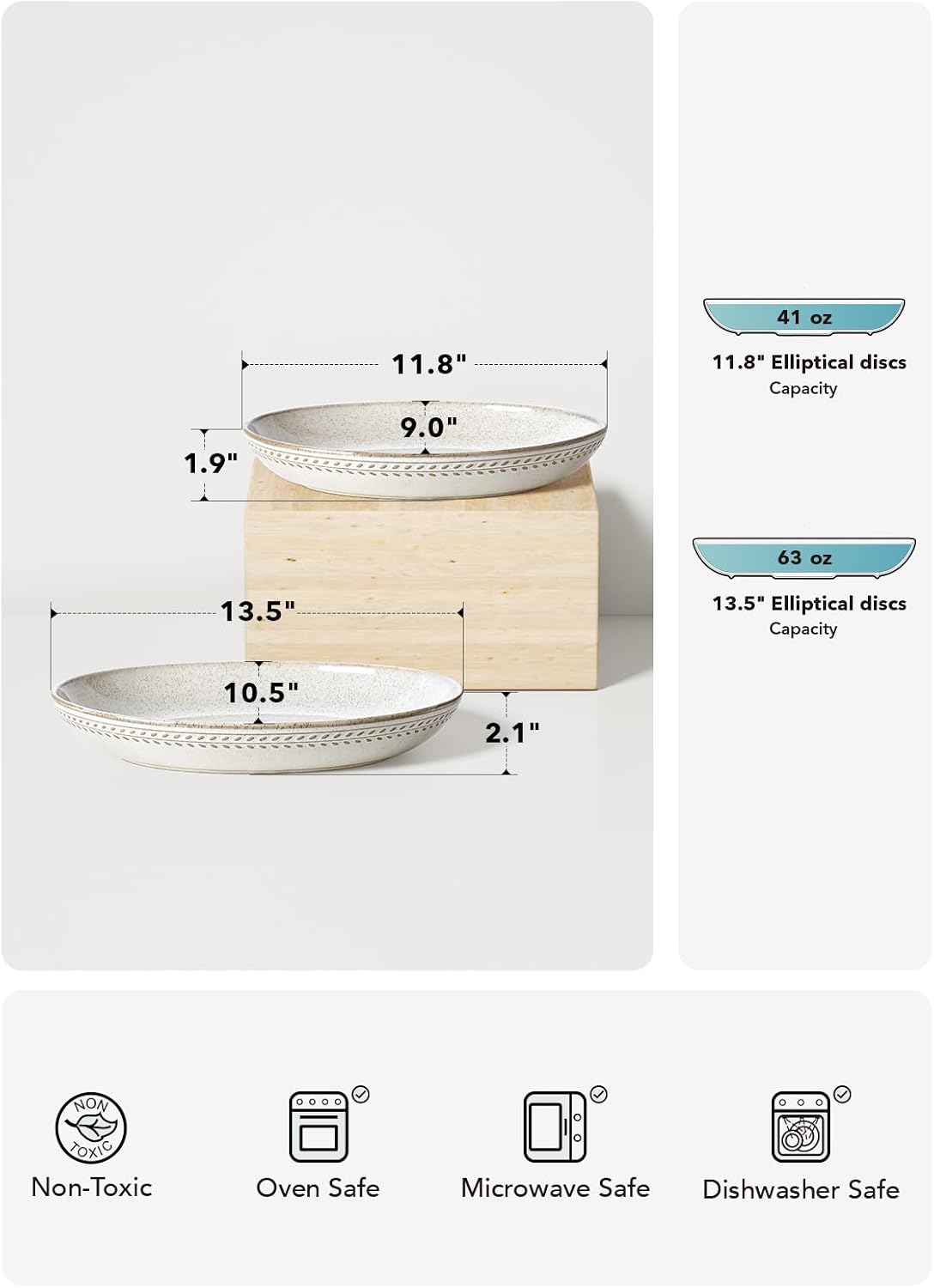 LE TAUCI Ceramic Serving Bowls Set of 2, Large Serving Dishes for Entertaining, 11.8 & 13.7 Inch Oval Serving platter, Salad Fruit Bowl, Pasta Bowls, Microwave & Dishwasher Safe - Arctic White