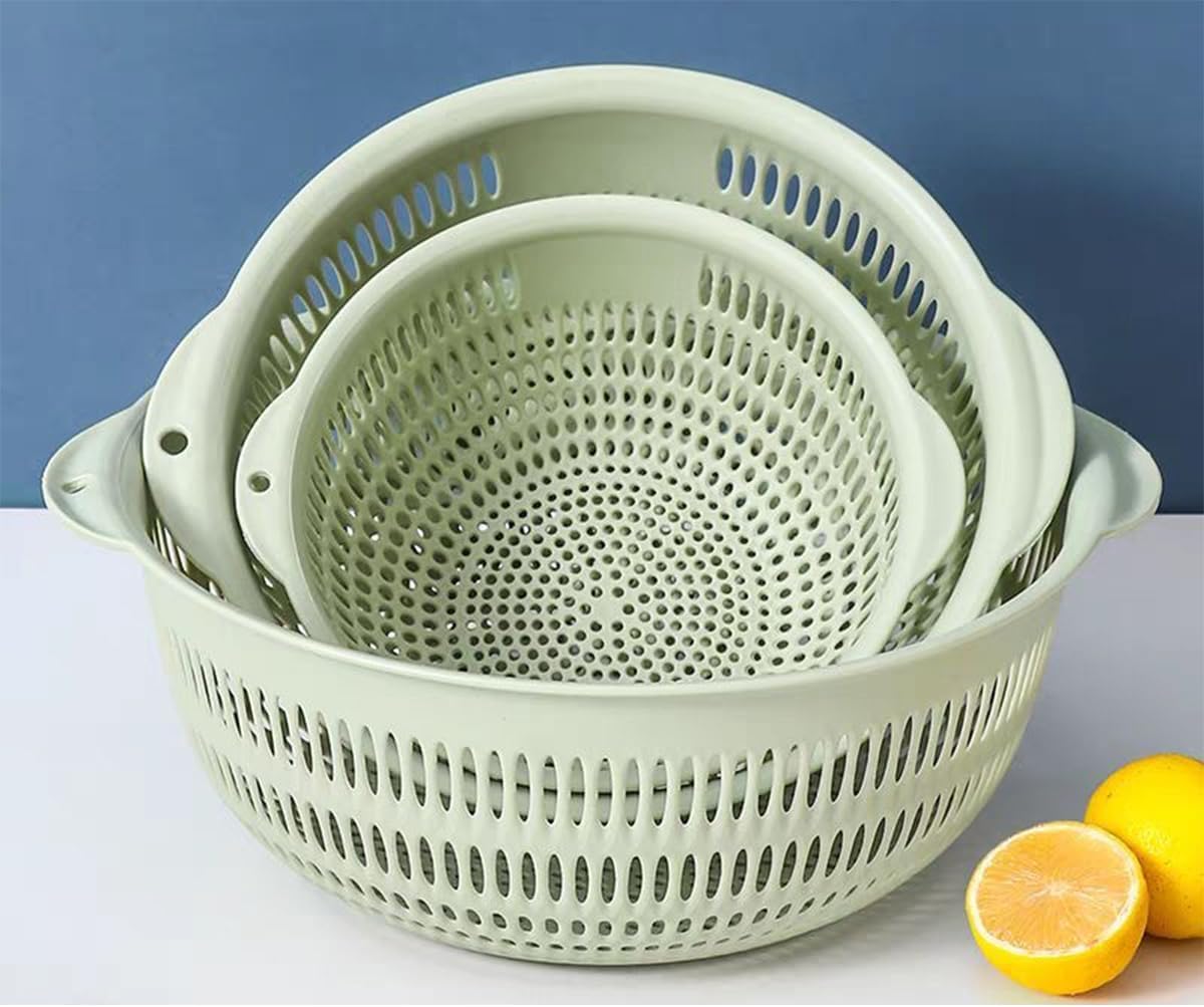 3 pcs Plastic Wash Basket Round Perforated Colander Wash Vegetables and Fruits Drain Cooked Pasta Kitchen Essentials Food Strainer Basket Strainer Kitchen Blue Yellow green red (3PCS-Green)