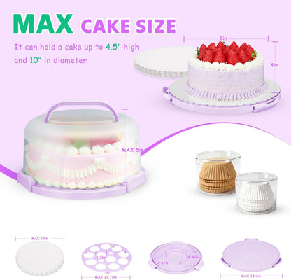 Cake Carrier with Lid and Handle, Bpa-Free Cake Holder with Lid for 10 Inch Round Cake Carrier with 10 pcs Round Golden Cake Boards and Portable Insulated Bag & Two Boxes of Cupcake Paper Liners