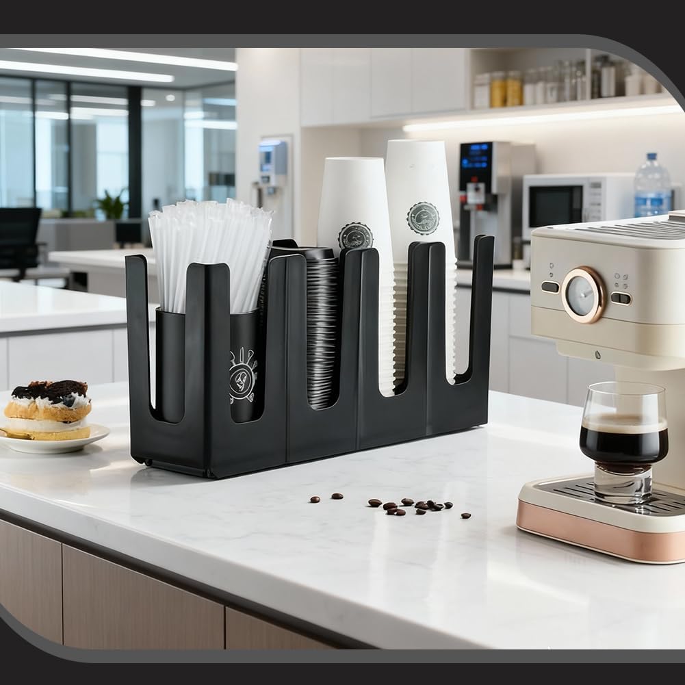 Paper Cup and Lid Holder Plastic Disposable Coffee Cup Dispenser with 4 Compartment Adjusting for Countertop Coffee Station Bar Office Home Restaurant Kitchens (Black)