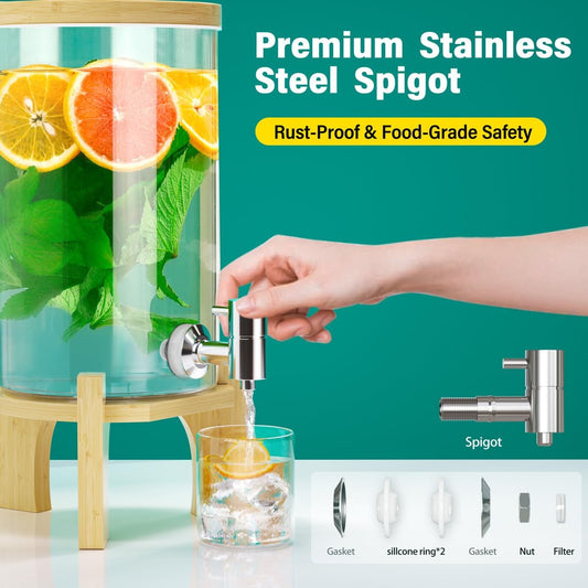 1.2 Gallon Glass Drink Dispenser For Parties, beverage dispenser with Bamboo wood stand And Stainless Steel Spigot, Juice or lemonade dispenser Laundry Detergent Dispenser (2 PACK)