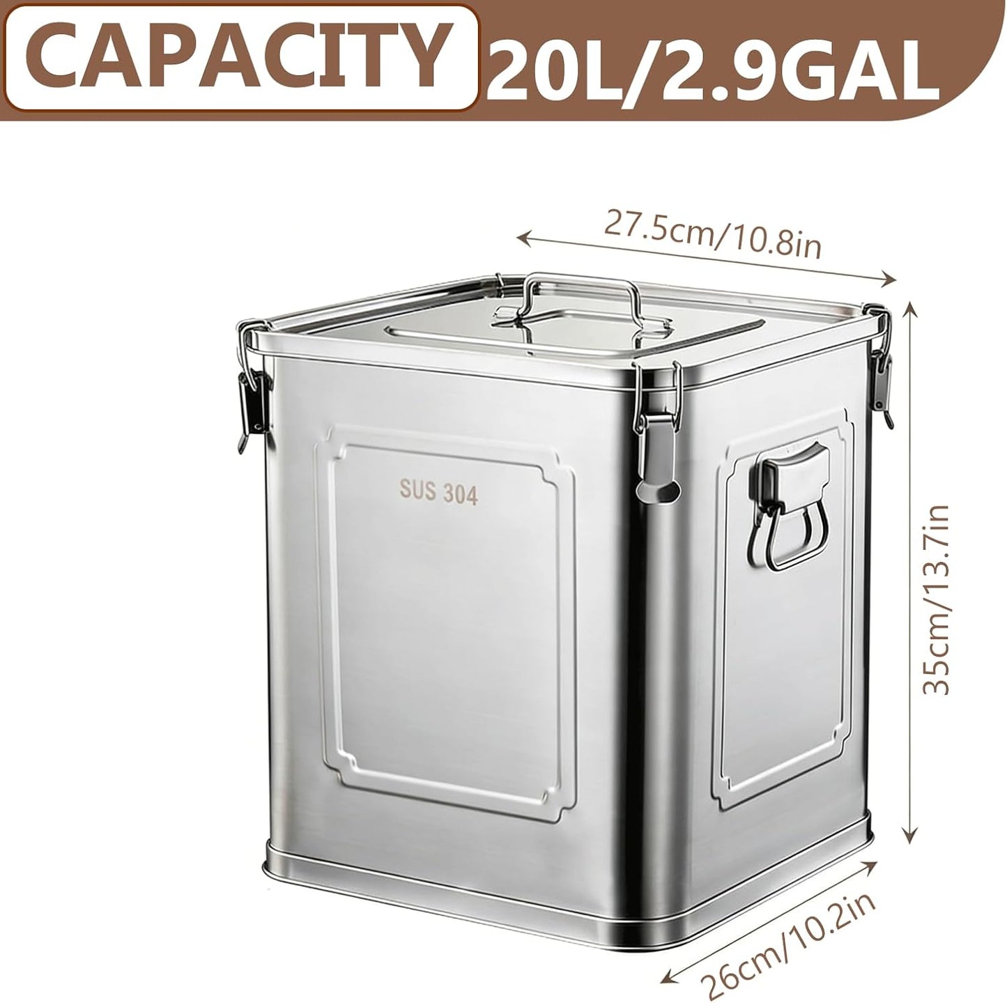 304 Stainless Steel Airtight Storage Container with Locking Clamps, Leak-Proof Square Canister for Dry & Wet Food, Heavy-Duty Storage Bin with Handles for Kitchen and Commercial Use(8.7GAL)