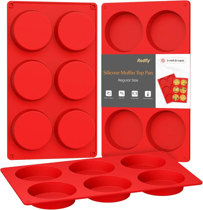 Redfly Silicone Egg Molds for Breakfast Sandwiches 2 Pcs, Non Stick 3 Inch Egg Bites Baking Pans, Silicone Muffin Pans for Baking, Round Muffin Top Pan for Whoopie Pie Pan, Tarts, Quiche