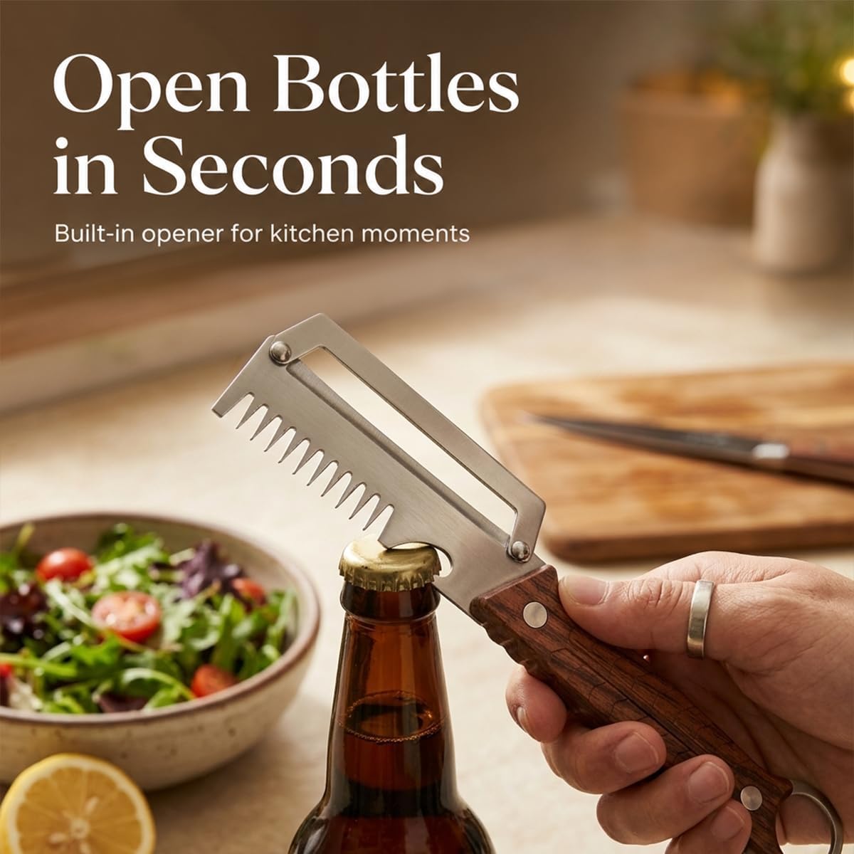 2Pack 3-in-1 Vegetable Peeler with Faux Wood Handle, Stainless Steel Julienne Peeler & Scallion Shredder with Built-In Bottle Opener, Kitchen Peeler for Potato, Carrot, Cucumber, Apple & Fruits