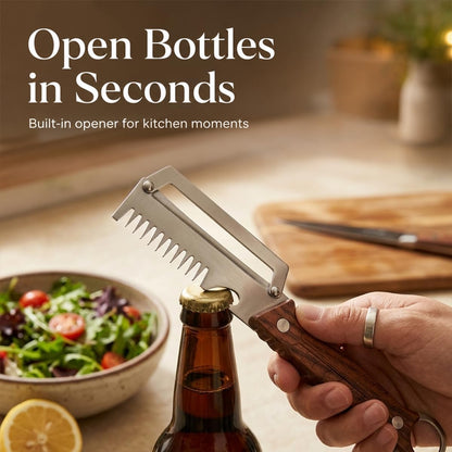 2Pack 3-in-1 Vegetable Peeler with Faux Wood Handle, Stainless Steel Julienne Peeler & Scallion Shredder with Built-In Bottle Opener, Kitchen Peeler for Potato, Carrot, Cucumber, Apple & Fruits
