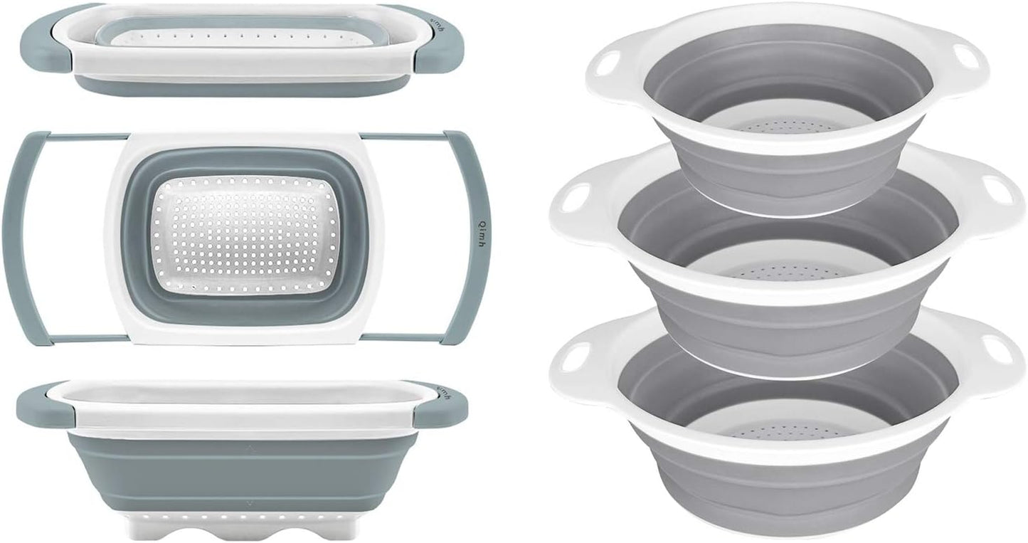 QiMH Collapsible Colander Strainer Set of 4-1 PC 6 Quart Expandable 2 PC 4 Quart(1 gal) and 1 PC 2 Quart(0.5 gal) - BPA Free & Dishwasher-safe Silicone Kitchen Foldable Strainer for Pasta, Veggies