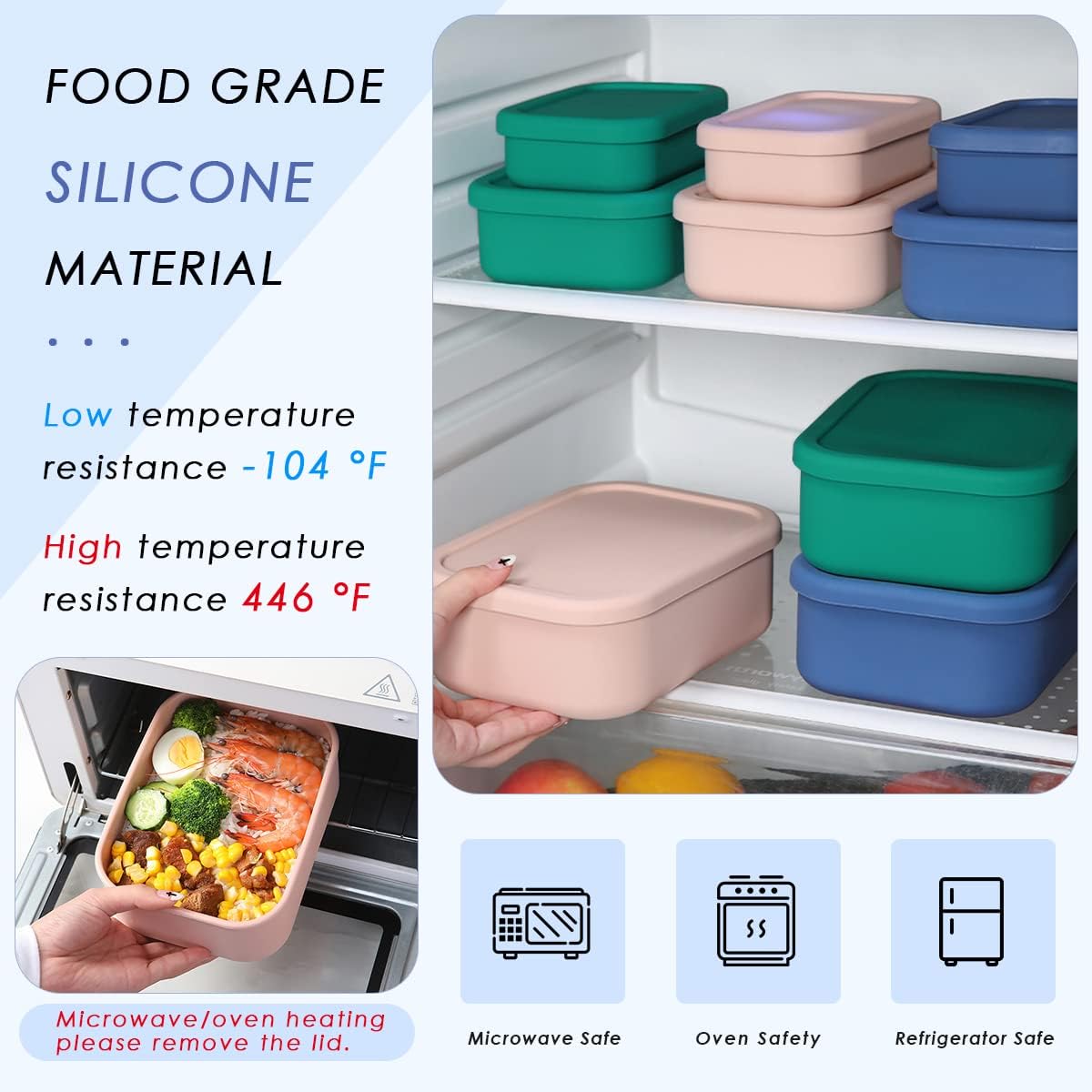 Silicone Food Storage Containers, Set of 3 Rectangular BPA-Free Silicone Lunch Box Containers with Lids, Airtight, Leak-Proof, Freezer, Microwave & Dishwasher Safe (10.2oz, 23.6oz, 44oz)