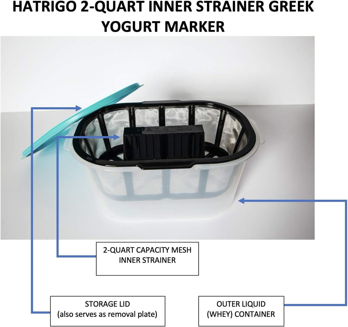 Hatrigo 2-Quart Inner Capacity Greek Yogurt Maker with Extra Fine Mesh Stainless Steel Strainer Basket, BPA-Free Greek Yogurt Strainer (12 x 8 x 6 in)
