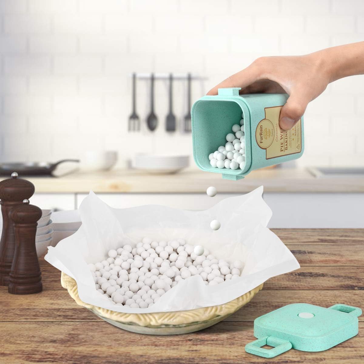FurRain Ceramic Pie Weights Reusable 10mm Baking Beans Pie Crust Weights Natural Ceramic Stoneware with Wheat Straw Container