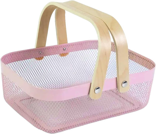 AJIODA Metal Mesh Steel Basket, Storage Organizer Basket Garden Harvest Basket Multi-functional Kitchen Fruit Baskets Bin with Wooden Handle for Bathroom Picnic Shopping Decor Cabinet Home, Pink