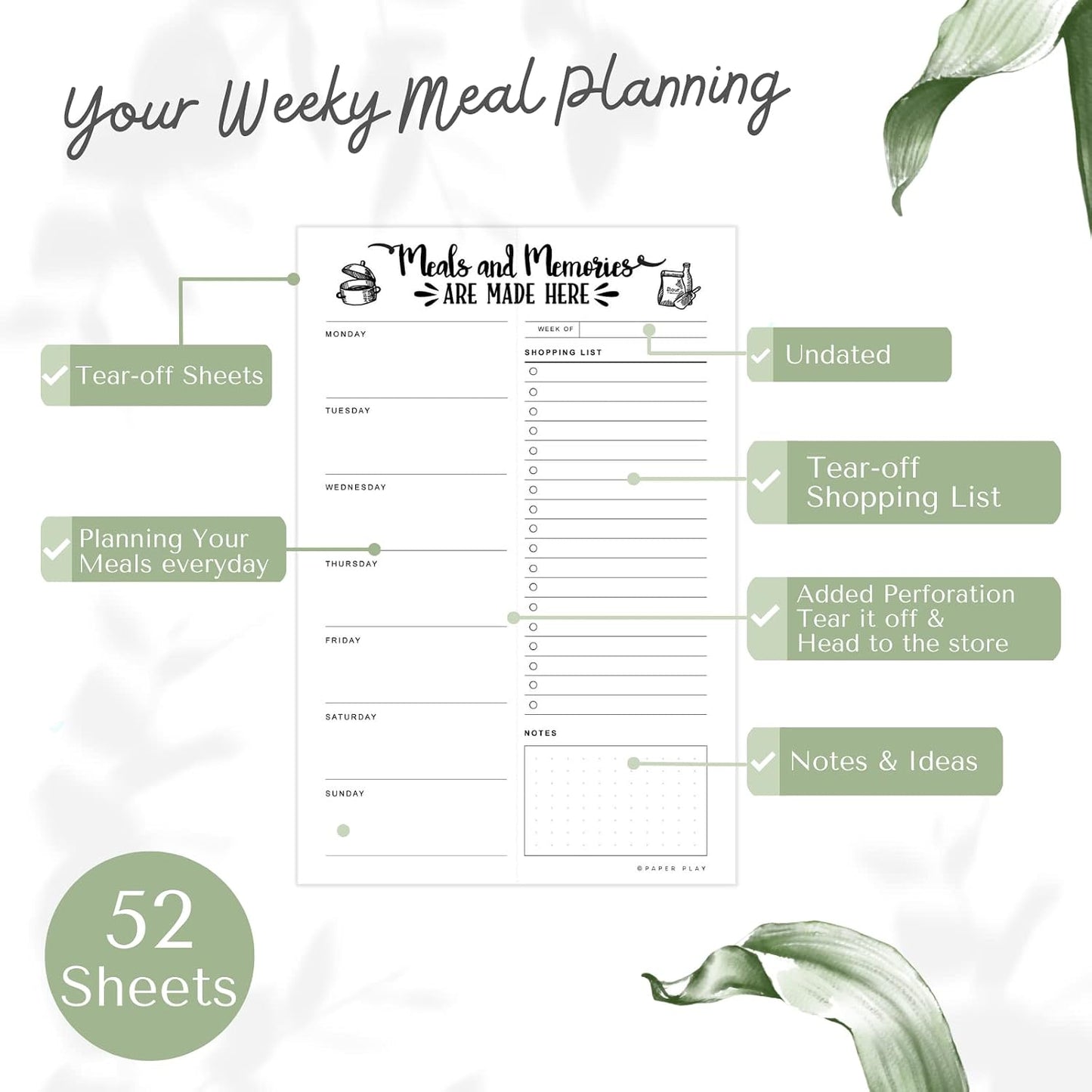 Magnetic Meal Planning Pad for Fridge 52 Undated Tear-off Sheets, 6x9 Inch Meal Planning Notepad for Meal Planner & Grocery List with Magnet, Weekly Meal Planner with Tear Off Shopping List