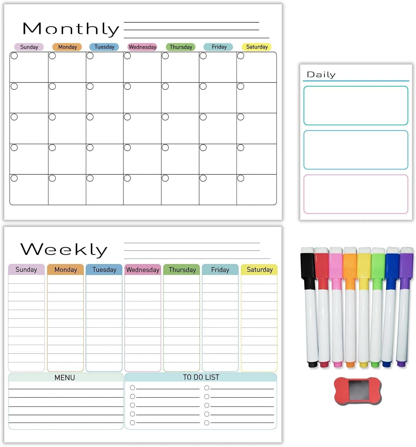 Hivillexun Black Magnetic Dry Erase Calendar for Fridge - 3 Pack Monthly, Weekly & Daily Planner Set (14"x11"), Includes 8 Neon Ultra-Fine Tip Markers & Large Eraser, Reusable Whiteboard for Kitchen