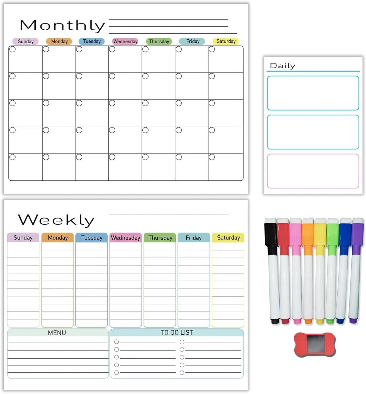Hivillexun Black Magnetic Dry Erase Calendar for Fridge - 3 Pack Monthly, Weekly & Daily Planner Set (14"x11"), Includes 8 Neon Ultra-Fine Tip Markers & Large Eraser, Reusable Whiteboard for Kitchen