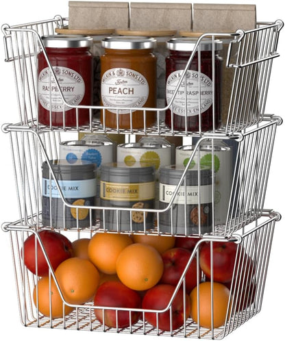 Slideep Wire Storage Baskets, Freezer Baskets Farmhouse Stackable Organizer Storage Bins Large Organizer for Storage, Office, Bathroom, Pantry Organization Storage with Handles 14" Black -Set of 3