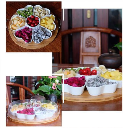 Appetizer Serving Tray with Bamboo Holder and Lid, Ceramic Divided Serving Platter with Food Picks, Relish Tray for Chips and Dip, Veggies, Candy and Snacks, Parties T