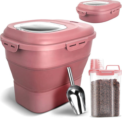 TIOVERY Dog Food Storage Container, Airtight Collapsible 13lb to 30lb Pet Food Container with Flip Top, Rolling Wheel, Scoop and 3L small container for Dog Cat Food and Dry Food of Rice, Flour