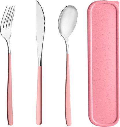 Travel Utensils with Case, 2 Sets Reusable Utensils Set with Case, Camping Utensil Set, Portable Silverware Lunch Utensils Set for Work Camping School(Beige, Pink)