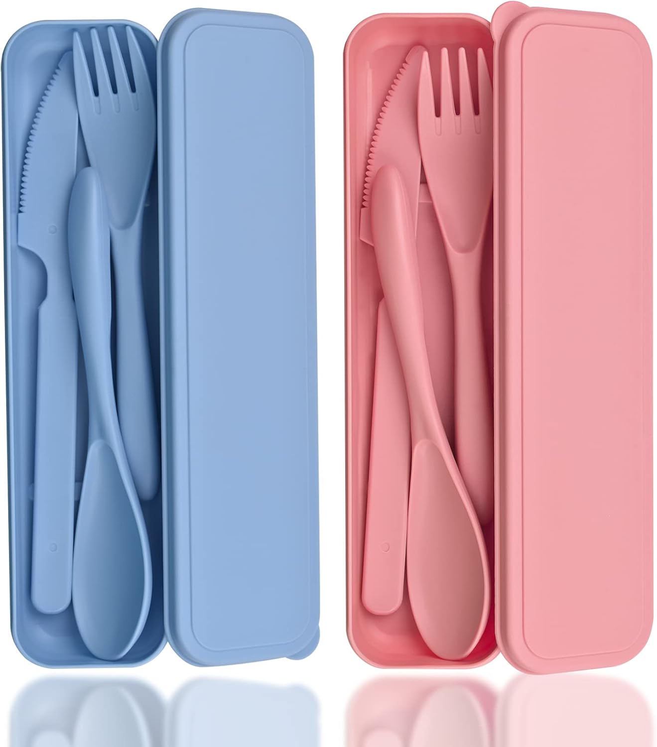 2 Sets Travel Utensils with Case, Reusable Utensils for Lunch Box, Plastic Forks Spoons and Knives Set, Portable Camping Utensil Cutlery Set Tableware for Picnic Daily Use (Blue + Pink)