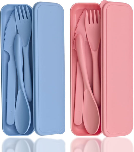 2 Sets Travel Utensils with Case, Reusable Utensils for Lunch Box, Plastic Forks Spoons and Knives Set, Portable Camping Utensil Cutlery Set Tableware for Picnic Daily Use (Blue + Pink)