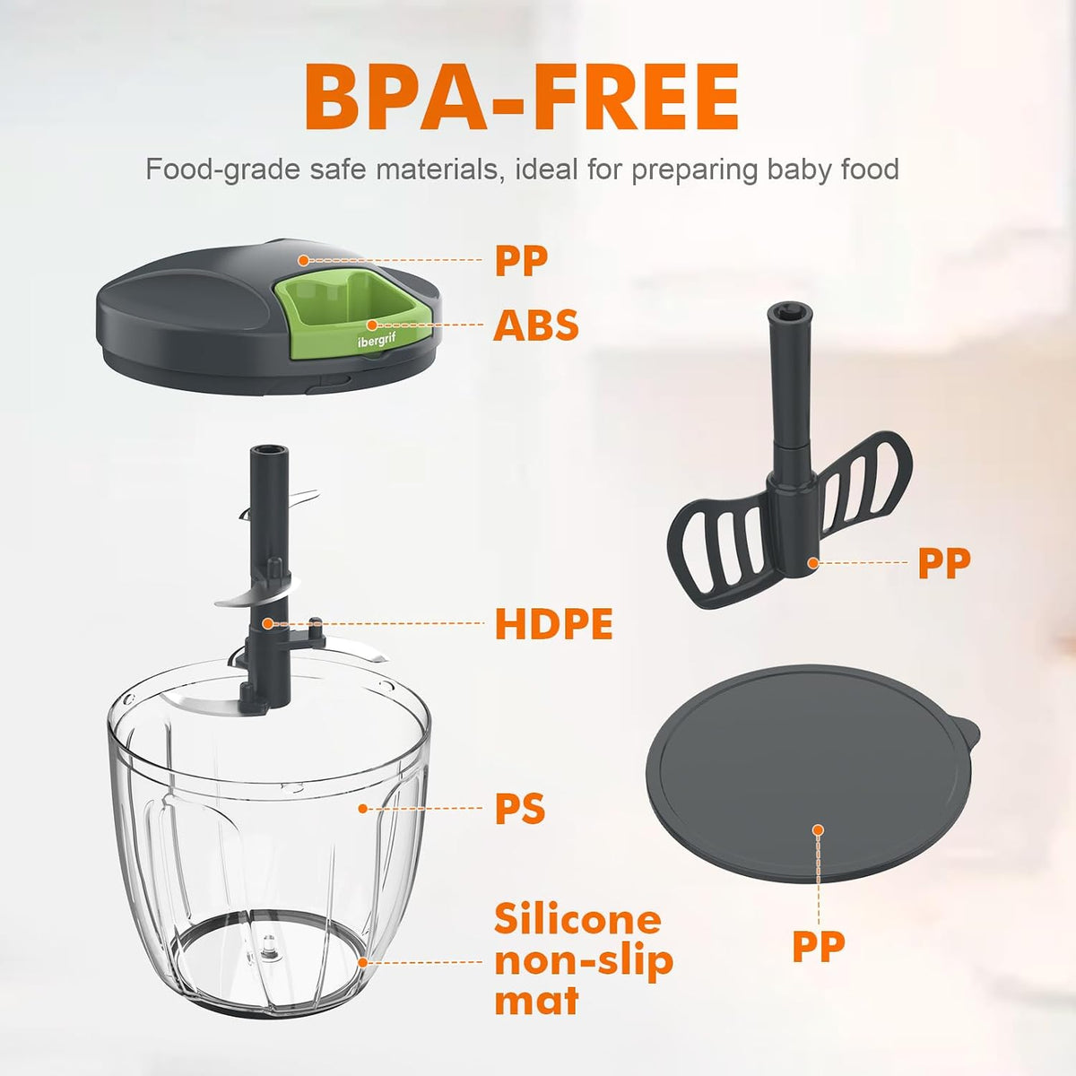Ibergrif Manual Food Processor Vegetable Chopper, Portable Onion Chopper Garlic Mincer with Hand Pull String Cutter for for Veggies, Ginger, Fruits, Nuts, Herbs, 500ml, for Kitchen, Camping, RV, M501