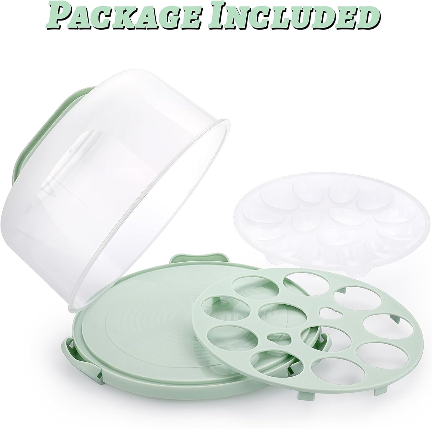 BSTKEY Portable Cake Carrier with Lid and Handle, Devil Egg Container + Cupcake Storage Tray for Transport, 10 Round Cake Container Holder with Two Sided Base for Pies Cookies Nuts Fruit, Green