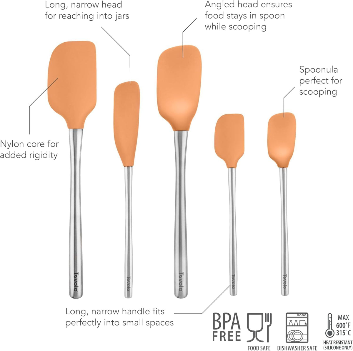 Tovolo Flex Core 5 Piece Silicone Spatula Set Heat Resistant All Silicone Utensils Include Non Stick Spatula Spoonula Jar Scraper, Dishwasher Safe BPA Free Spatulas for Baking Mixing, White