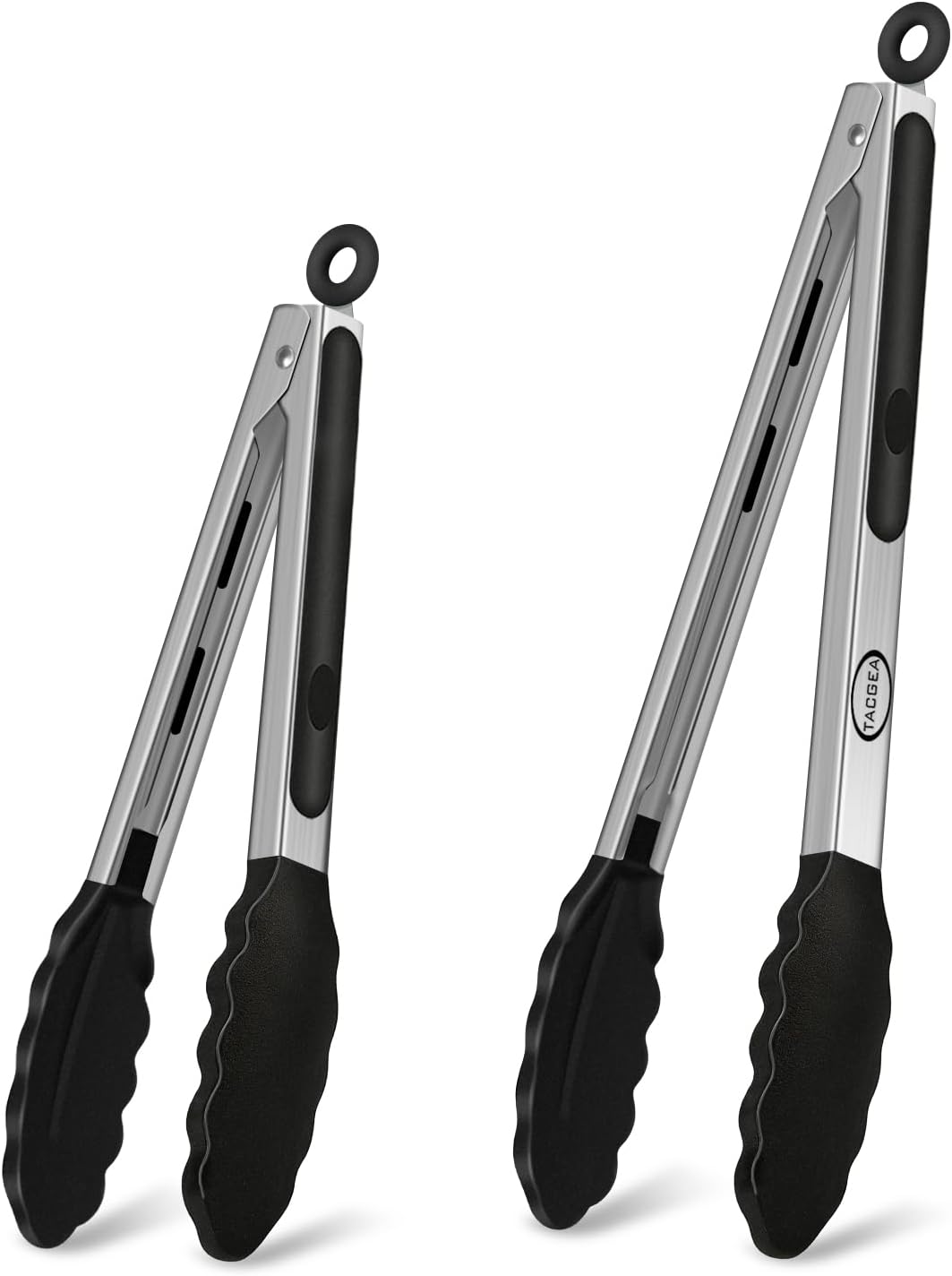 TACGEA Stainless Steel Kitchen Tongs with Silicone Tips, Locking Grilling Food Tongs, 7" 9" and 12", Set of 3 Black