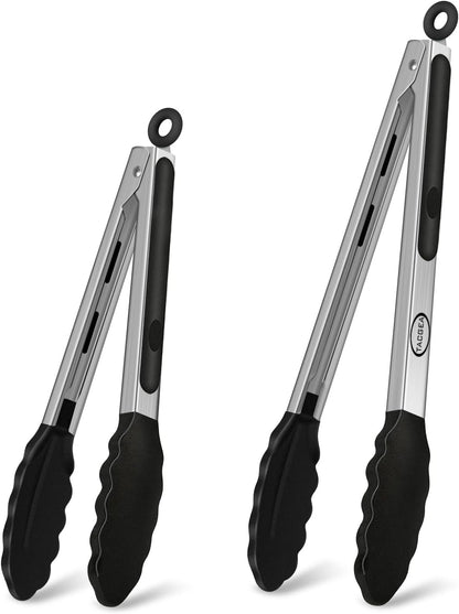 TACGEA Stainless Steel Kitchen Tongs with Silicone Tips, Locking Grilling Food Tongs, 7" 9" and 12", Set of 3 Black